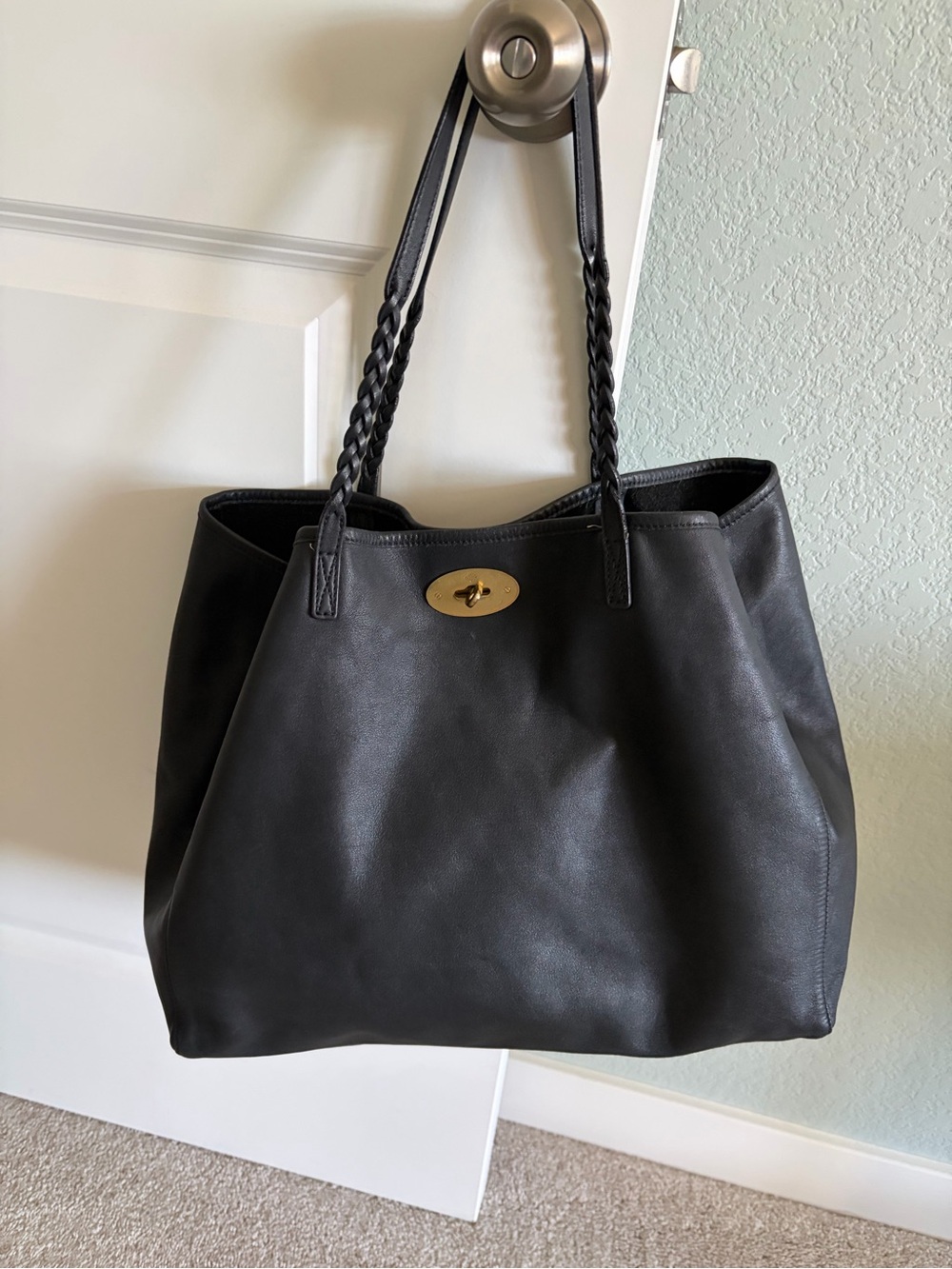Mulberry Black Leather Tote with Braided Straps and Gold Turn-Lock